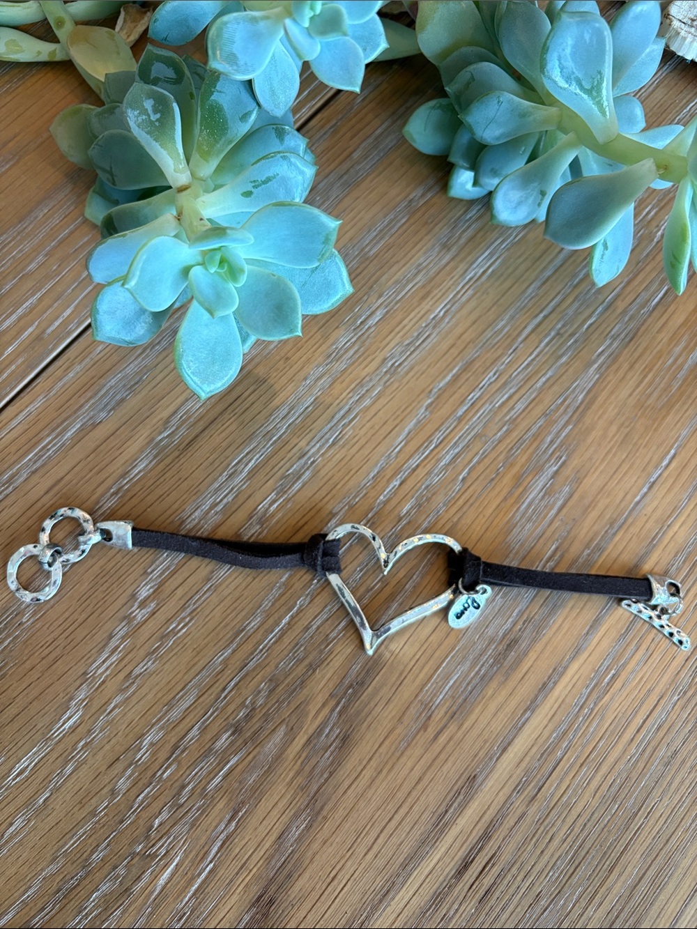 Silver Heart Cord Bracelet - Brown